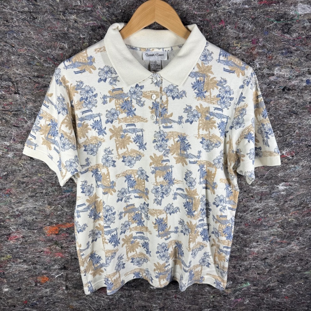 Bonnie Evans Polo Shirt Mens Medium Beige Blue Floral Palm Tree Print Casual 90s